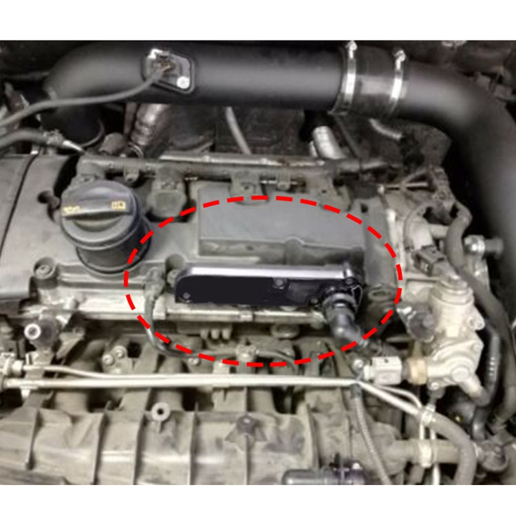 Engine bay view with circled area showing PCV delete plate placement