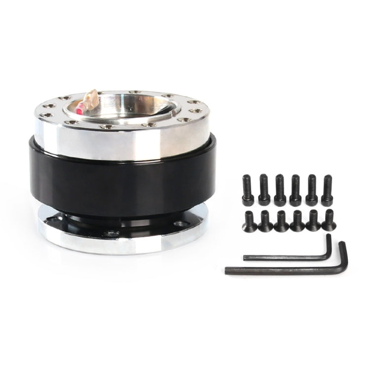 Black 60mm quick-release steering wheel hub adapter kit with screws and hex wrench