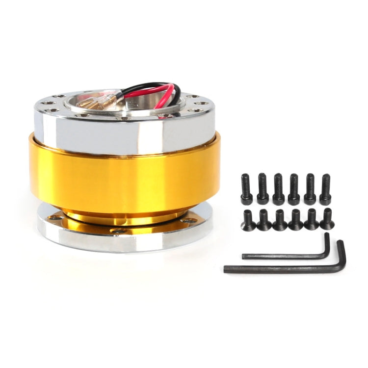 Gold 60mm quick-release steering wheel hub adapter kit with screws and hex wrench