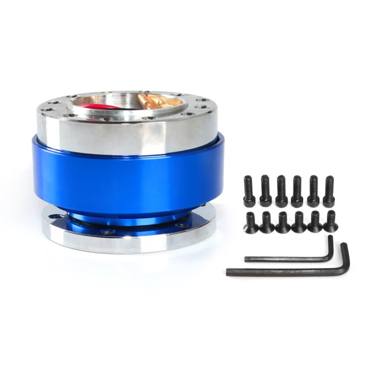 Blue 60mm quick-release steering wheel hub adapter kit with screws and hex wrench