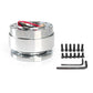 Silver 60mm quick-release steering wheel hub adapter kit with screws and hex wrench