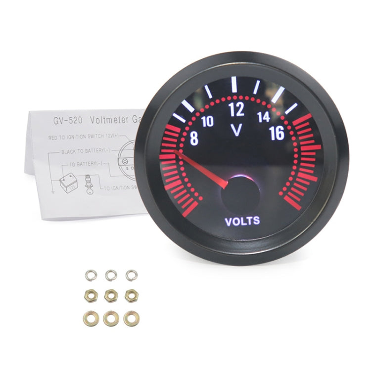 52mm round voltmeter gauge with red backlit scale, black housing and glass
