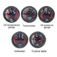 Set of six automotive gauges with circular black faces, red needles, and colored scales