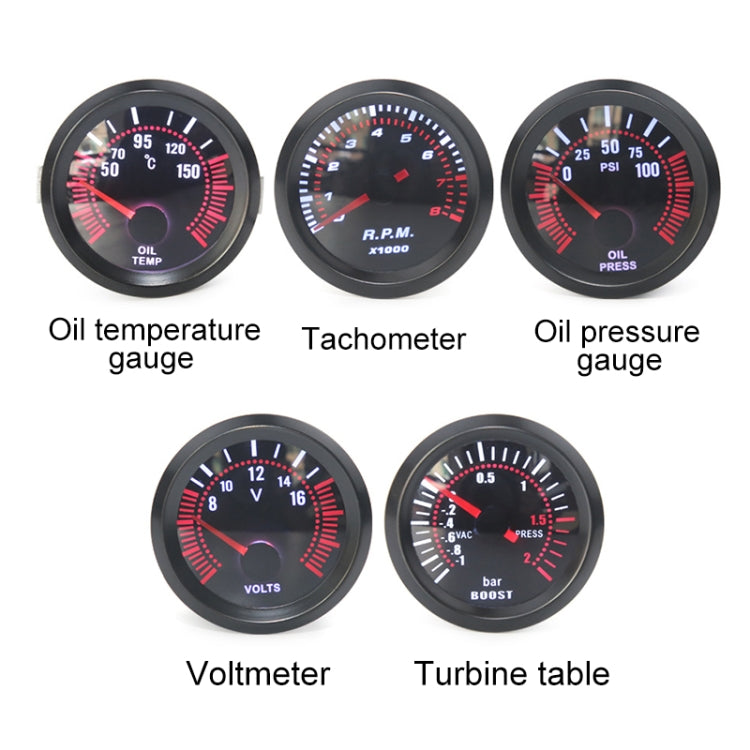 Car gauge set featuring a central tachometer with RPM scale and black round bezel