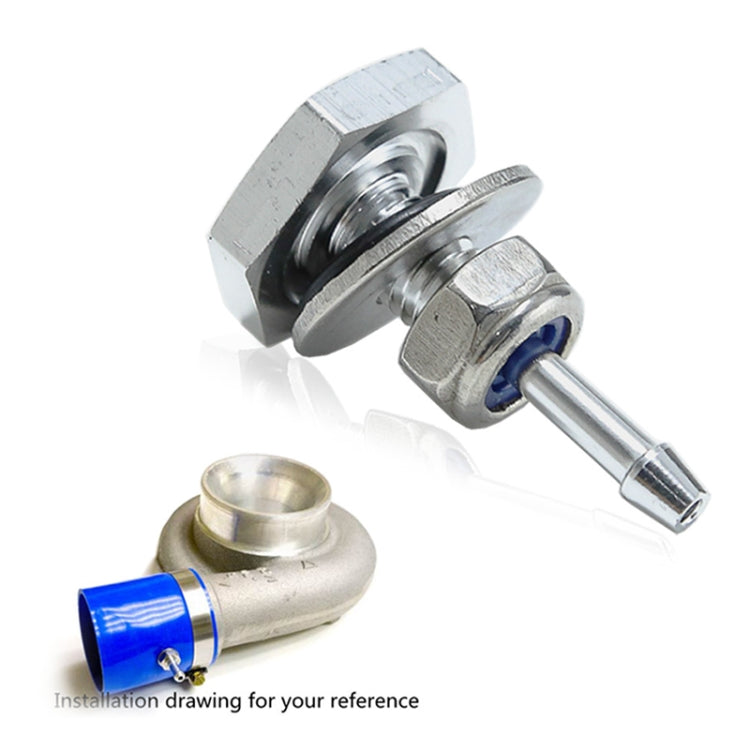 Metal turbo vacuum detection connector with blue silicone sleeve, shown with hardware