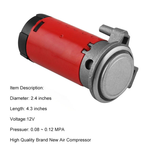Red air compressor with gray metal outlet and cylindrical body, side view
