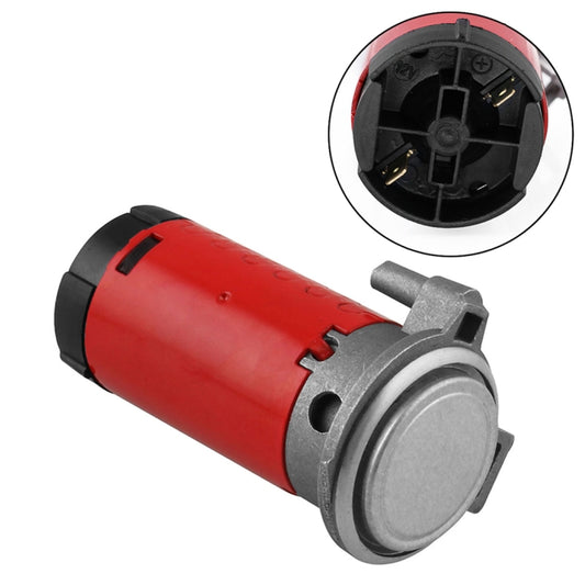 Red 12V portable air compressor with black end cap and gray metal mounting