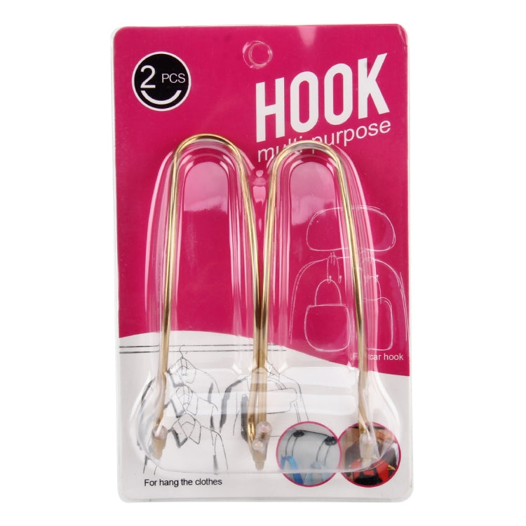 Metal headrest hook set in retail package: two gold hooks