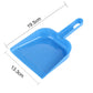 Blue plastic dustpan with raised rim for small sweeping, size marked
