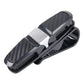 Vehicle mounted glasses clip with black carbon-fiber patterned body and metal base