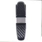 Vehicle mounted glasses clip with vertical black carbon-fiber strap and metal latch