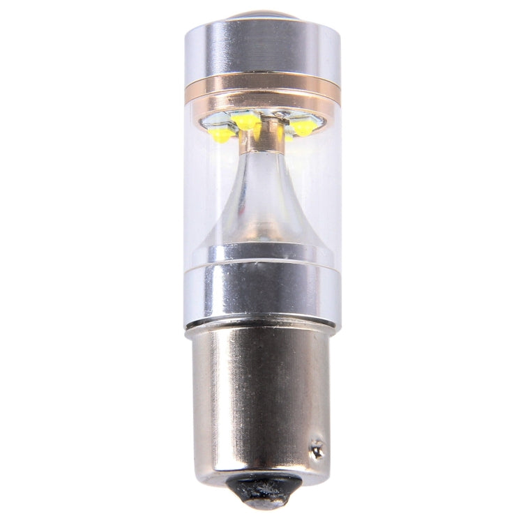 Single LED car light bulb with silver metal housing and clear outer lens, yellow LEDs