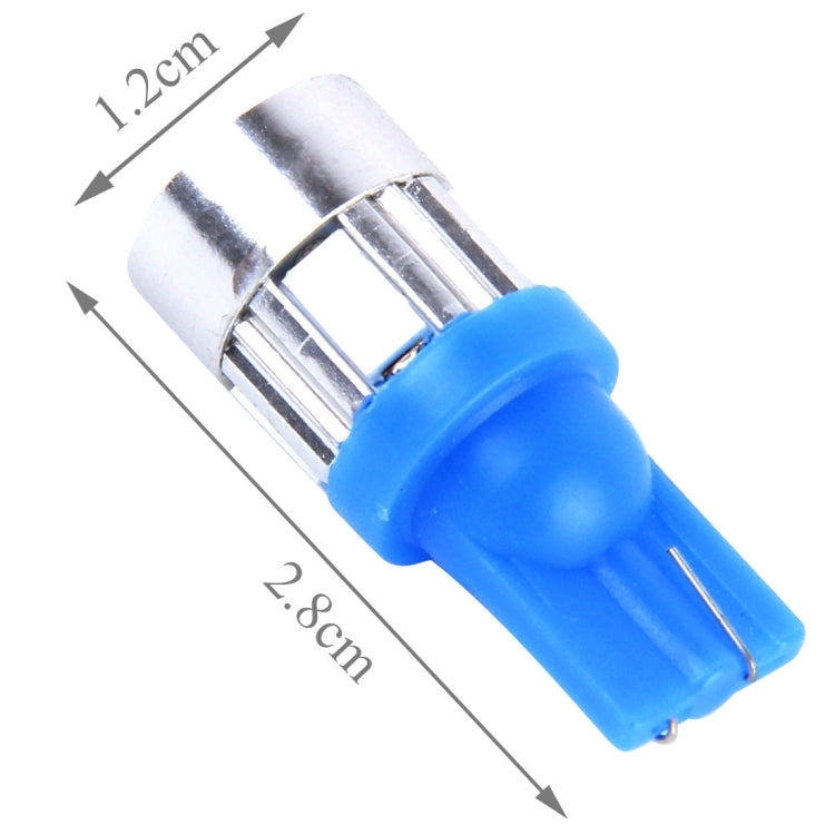 T10 blue LED bulb angled view with silver tip and blue base
