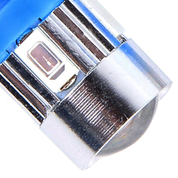 Close-up T10 blue LED bulb showing silver contacts and square LED SMD under blue cap