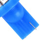 T10 blue LED bulb end view with two metal pins and blue plastic body