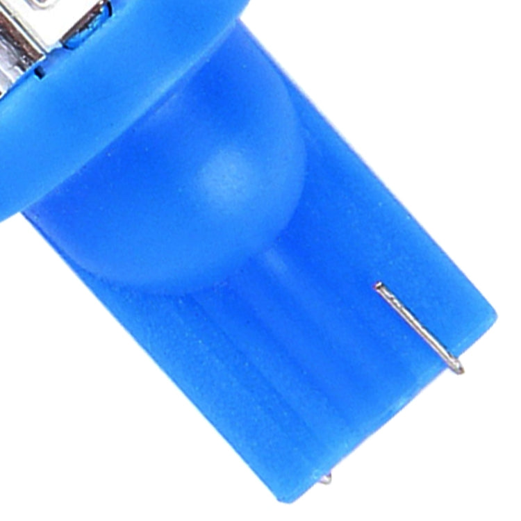 T10 blue LED bulb end view with two metal pins and blue plastic body