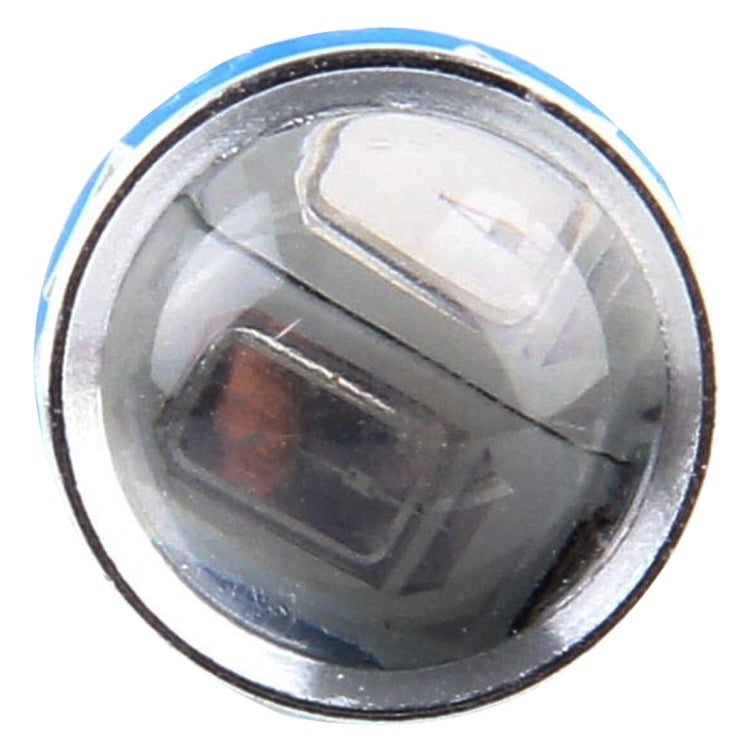 T10 blue LED bulb top view with translucent lens and circular metal rim