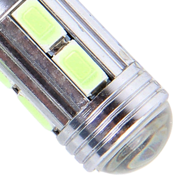 Close-up of T10 LED bulb front with stacked LED chips on silver housing