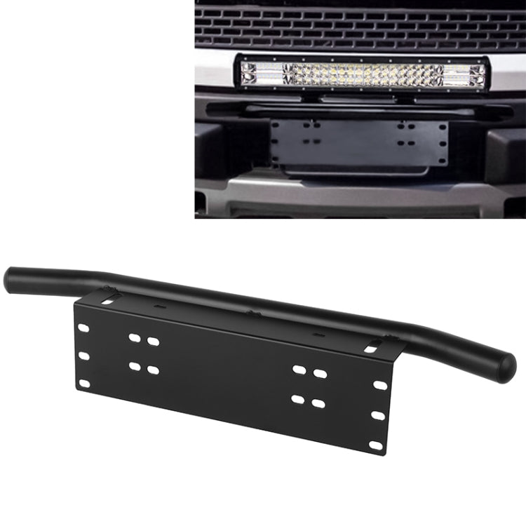 Universal license plate bumper frame bracket in black with curved light bar guard and mount holes