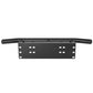 Universal license plate bumper frame bracket in black with curved bar and centered plate mounting