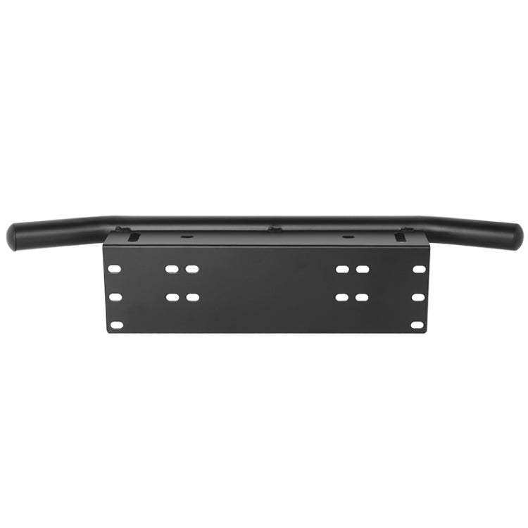 Universal license plate bumper frame bracket in black with curved bar and centered plate mounting