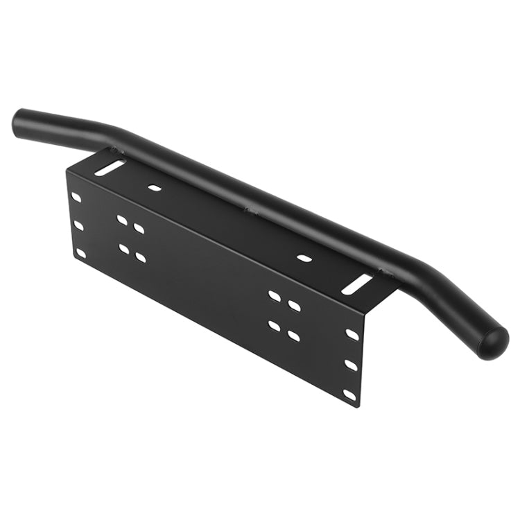 Universal license plate bumper frame bracket in black with angled view, curved guard, and bolt holes