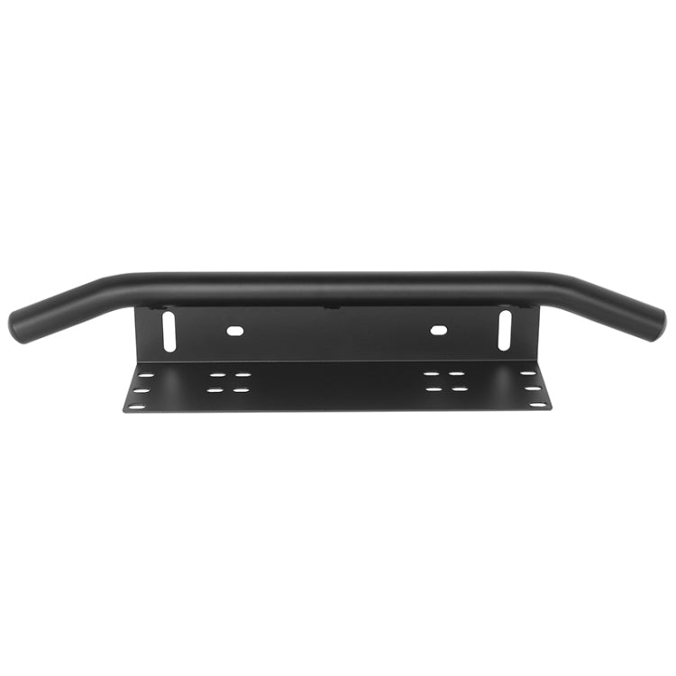 Universal license plate bumper frame bracket in black with curved guard and lower mounting tray