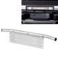 Universal license plate bumper frame bracket in silver with curved bar and plate mounting holes