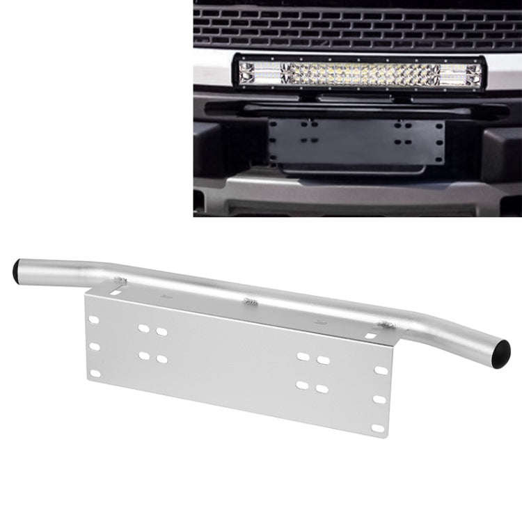 Universal license plate bumper frame bracket in silver with curved bar and plate mounting holes