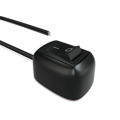 Black inline rocker drop switch with on/off markings and attached wire leads