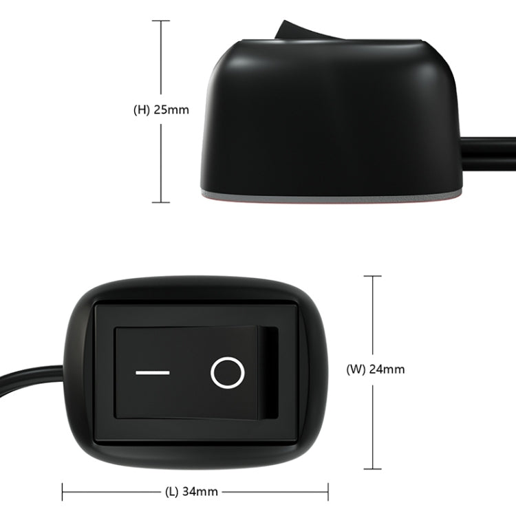 Black rocker switch with cable, size 34x24x25 mm, on/off indicator markings
