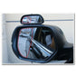 Mounted auxiliary blind spot mirror with red dashed coverage lines on side window