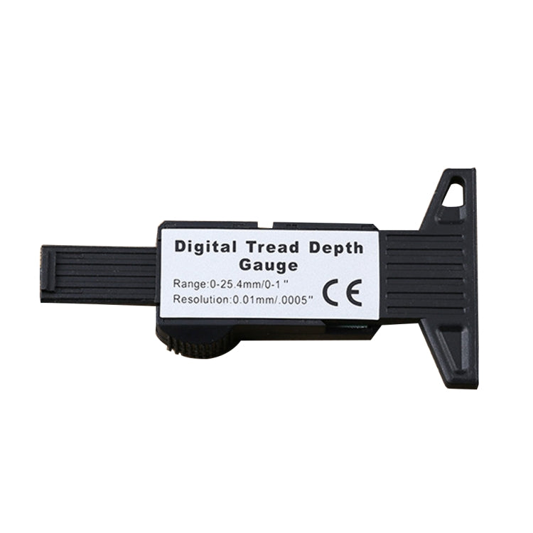 Black digital tire tread depth gauge with LCD display and side mounting frame