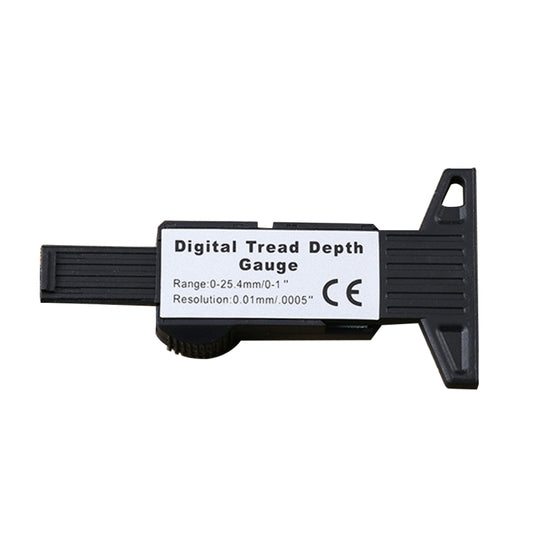 Black digital tire tread depth gauge with LCD display and side mounting frame