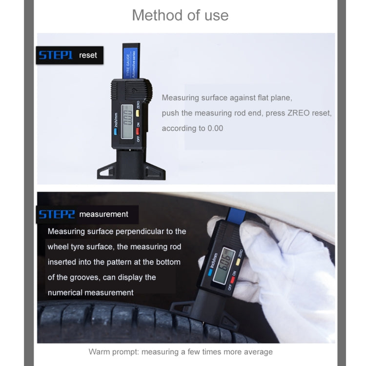Digital tire tread depth gauge measuring tire tread, shown with instructional layout