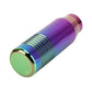 Rainbow metallic gear shift knob with ribbed ring detail in angled view