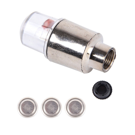 Valve cap LED wheel light with chrome body, clear bulb, plus rubber insert
