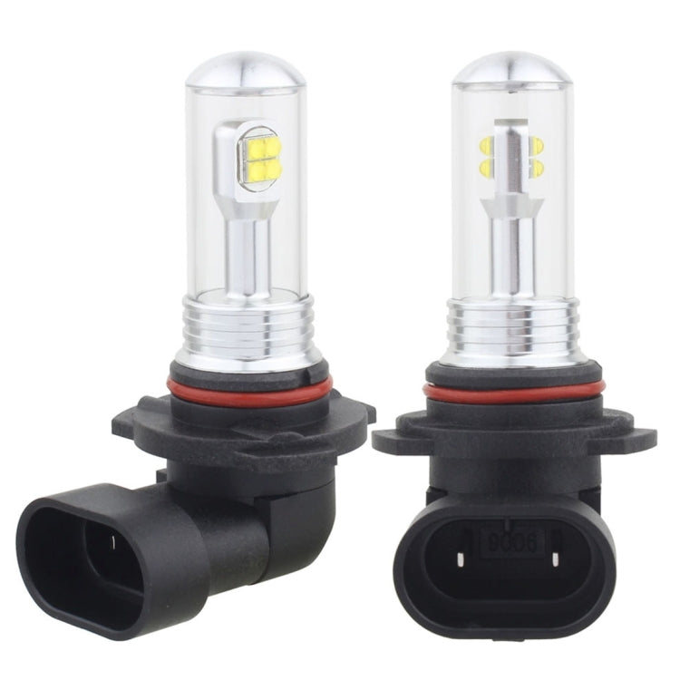 Pair of 9006 LED fog light bulbs with clear glass tubes and black connector base