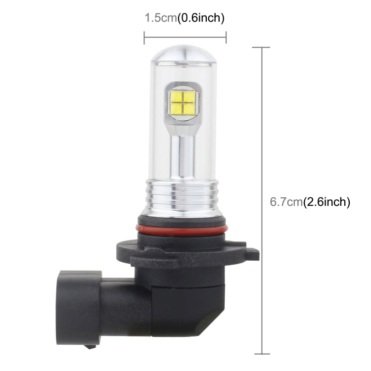 9006 LED fog light bulb with clear glass housing; 1.5 cm wide and 6.7 cm tall