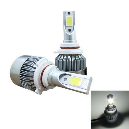 Pair of LED headlight bulbs with COB LED chip, white housing, and finned metal heat sink