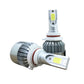 Side view of a pair of LED headlight bulbs with COB LED chip and finned metal heat sinks
