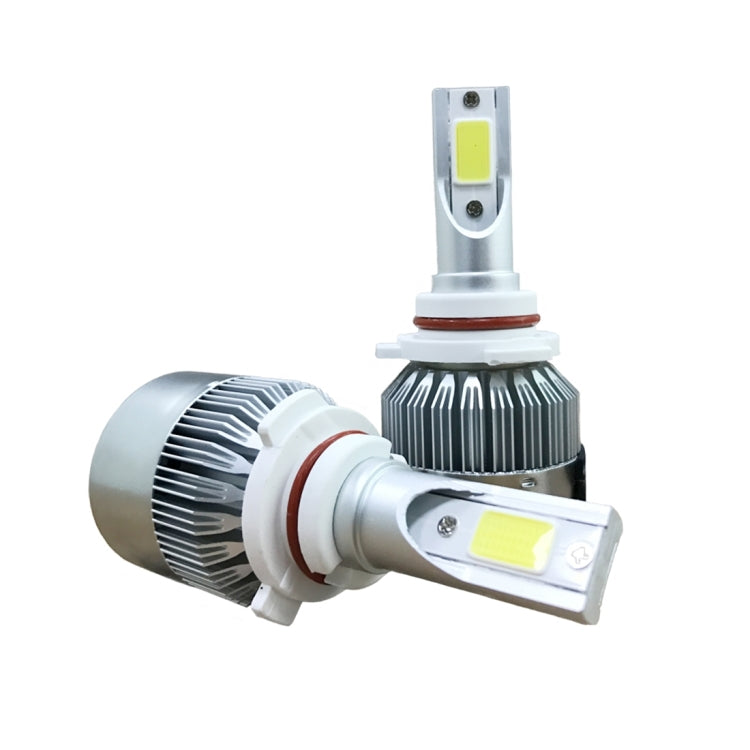 Side view of a pair of LED headlight bulbs with COB LED chip and finned metal heat sinks