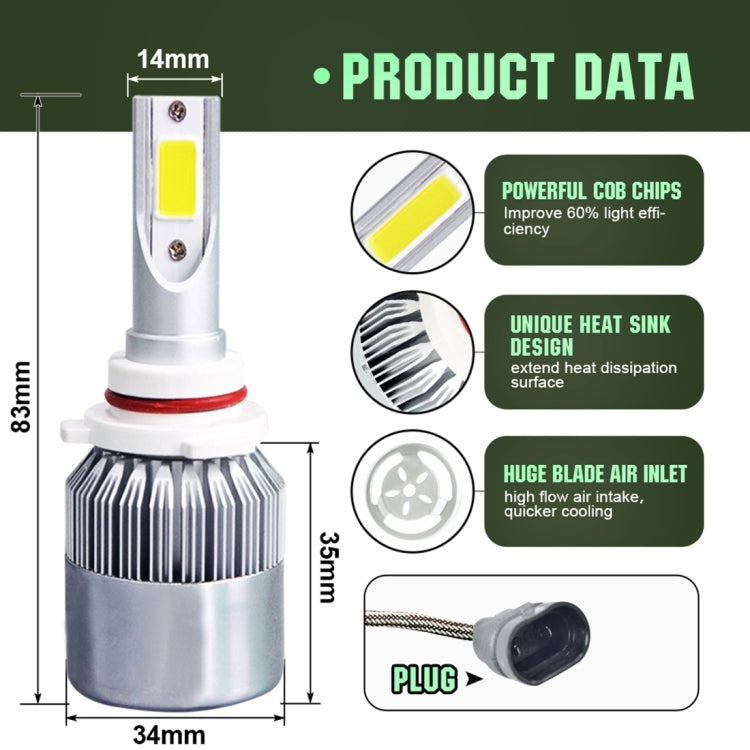 LED headlight bulb dimension diagram showing COB chip on white housing and finned heat sink