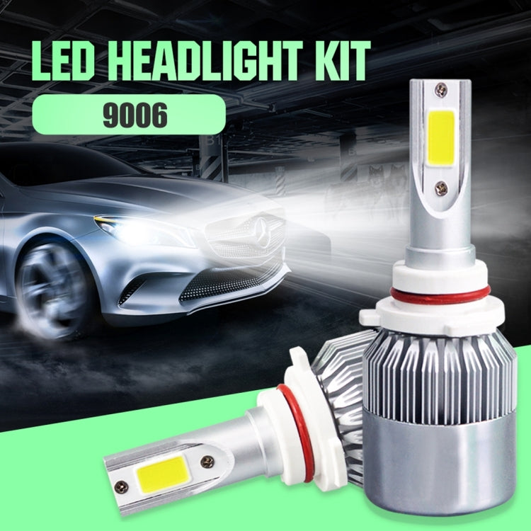 LED headlight bulb kit showing two white bulbs with COB light modules and finned metal heat sinks