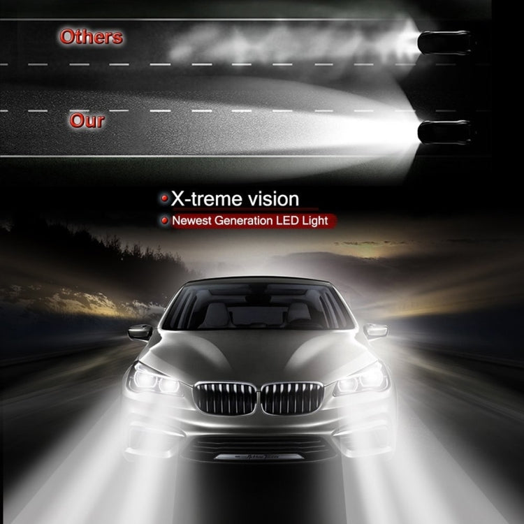 Bright LED headlight beam from a vehicle showing two illuminated headlamp bulbs