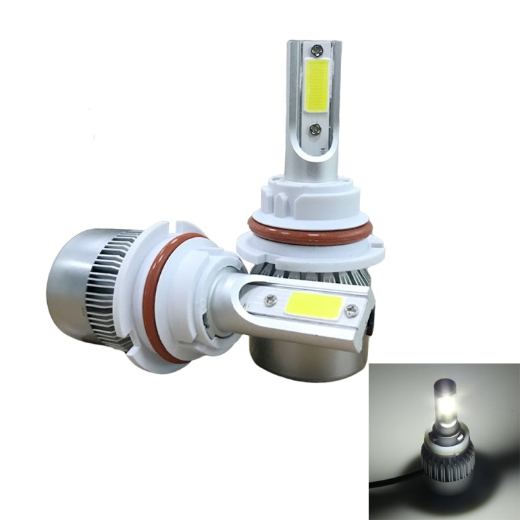 9007 LED headlight bulb with COB chip, white housing, red ring, finned metal heat sink