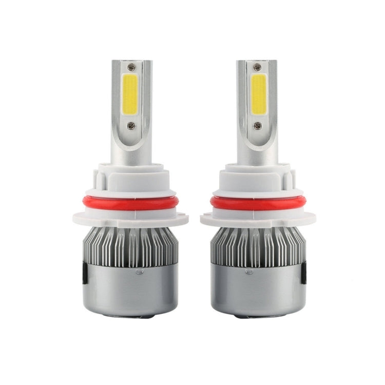 Pair of 9007 LED headlight bulbs with COB chips, white housings, red rings, metal fins