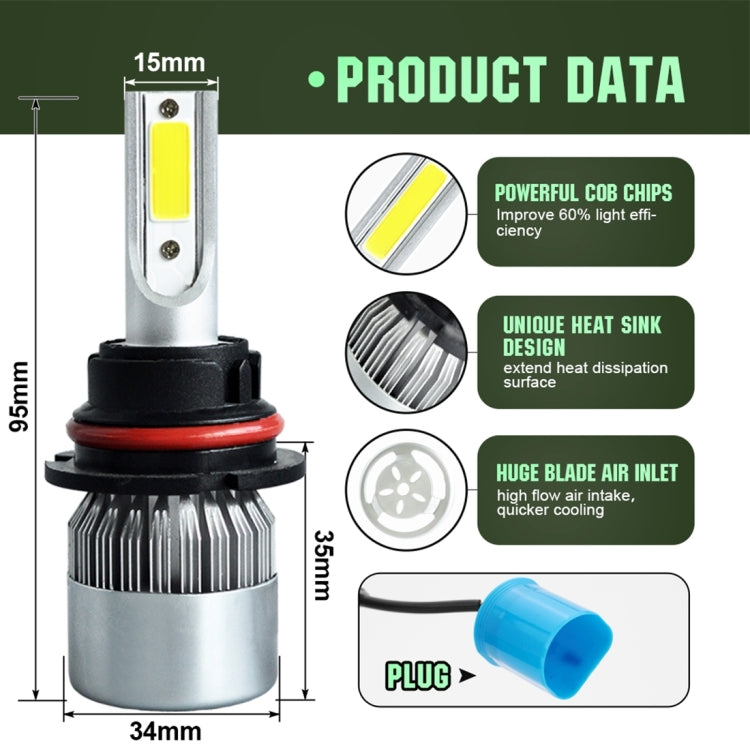 9007 LED headlight bulb with COB chip, shown size lines, white housing and metal heat sink