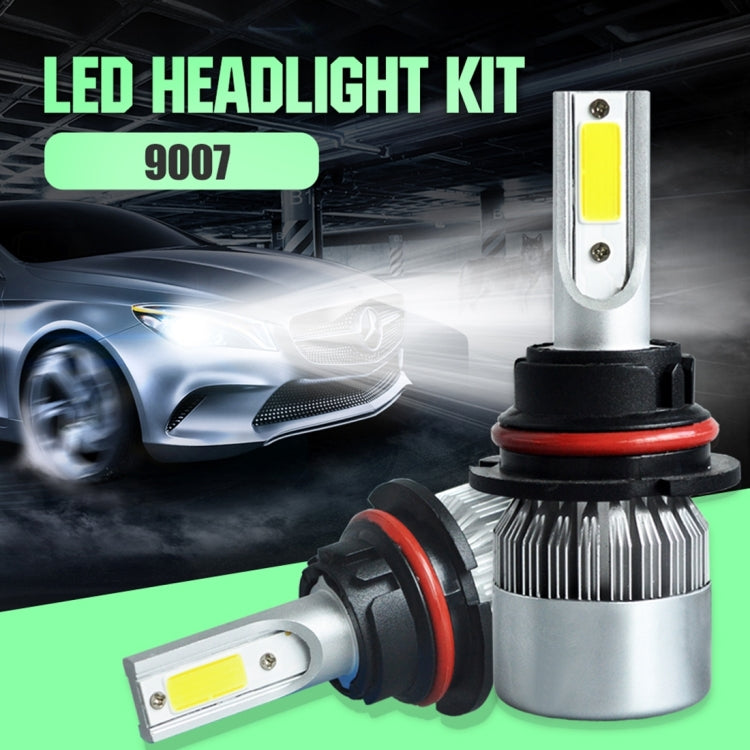 LED headlight kit with two 9007 bulbs, COB chips, red rings, finned metal heat sinks