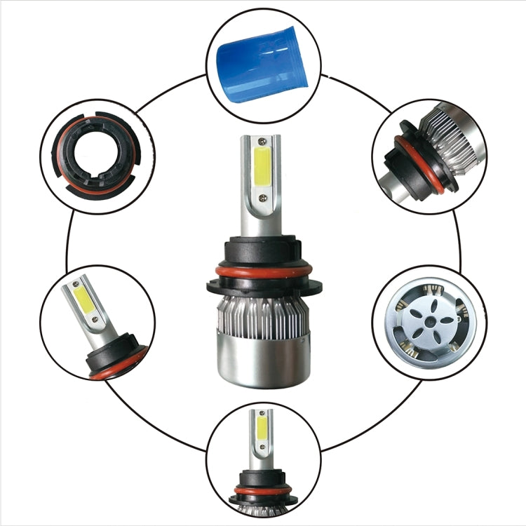 9007 LED headlight bulb with COB chip, plug shown, circular finned heat-sink details